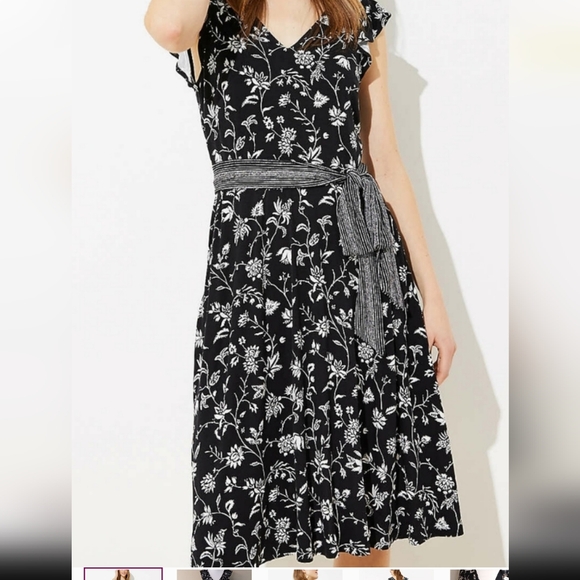 LOFT Rainforest Cutout Button Back Midi Dress, Floral Black and White. - Picture 2 of 15
